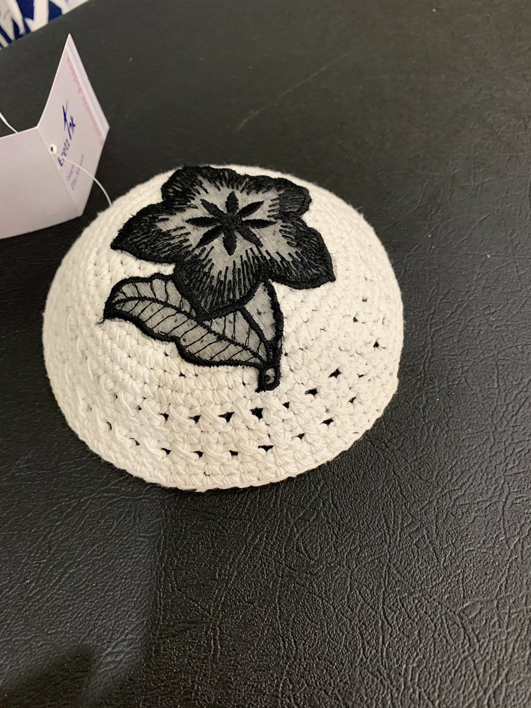 White Cotton Kippah w/Black Floral Applique