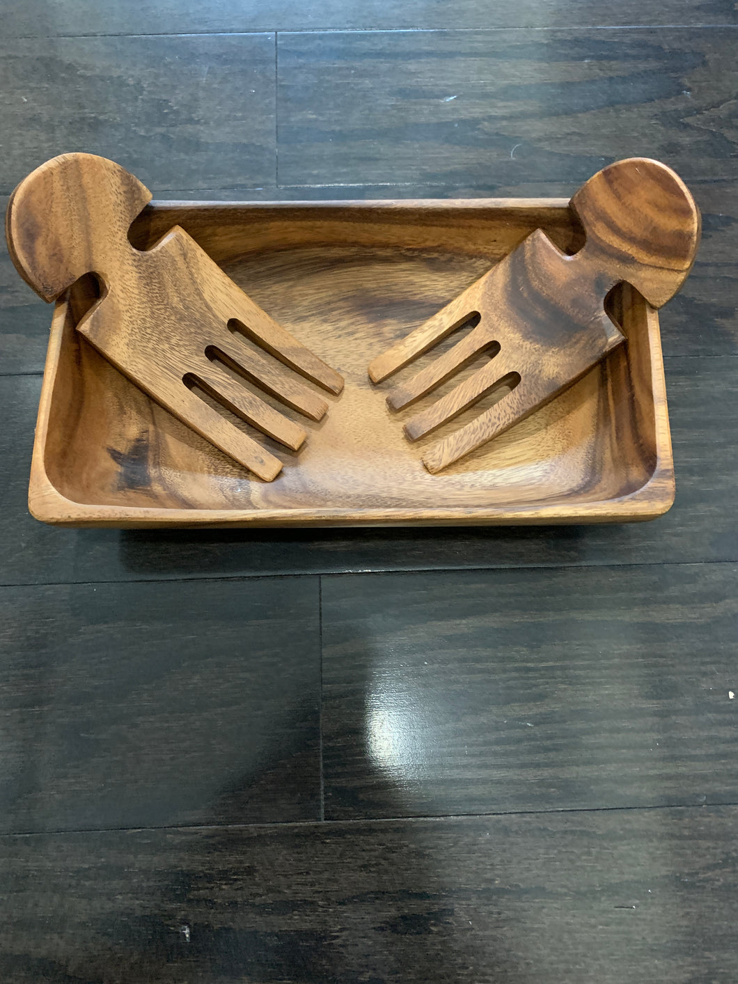 Bowl and Salad Servers - Acacia Wood Salad Hands & Rectangular Bowl