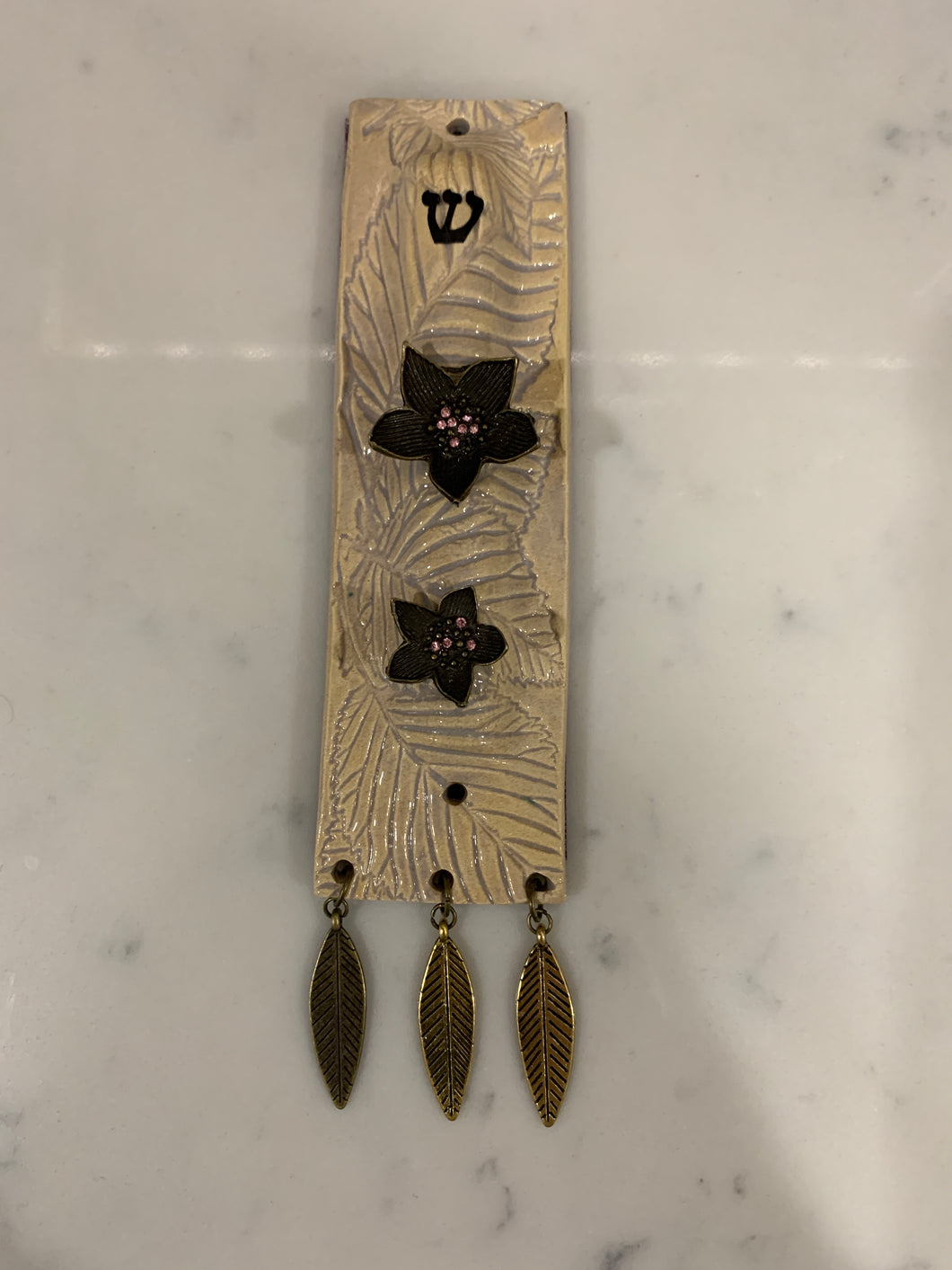 Cream Mezuzah with Double Flower