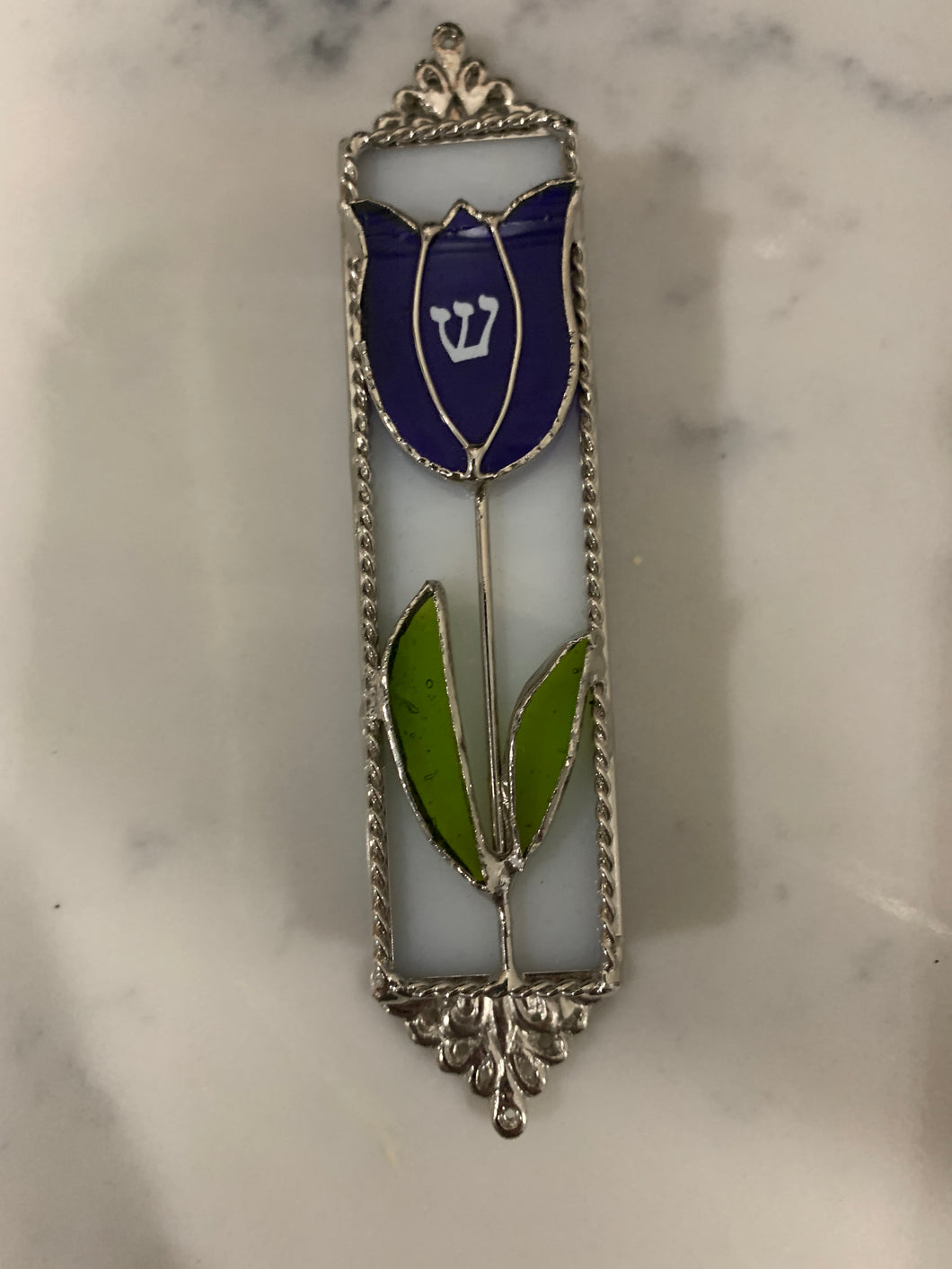 Glass Blue Tulip Mezuzah Case