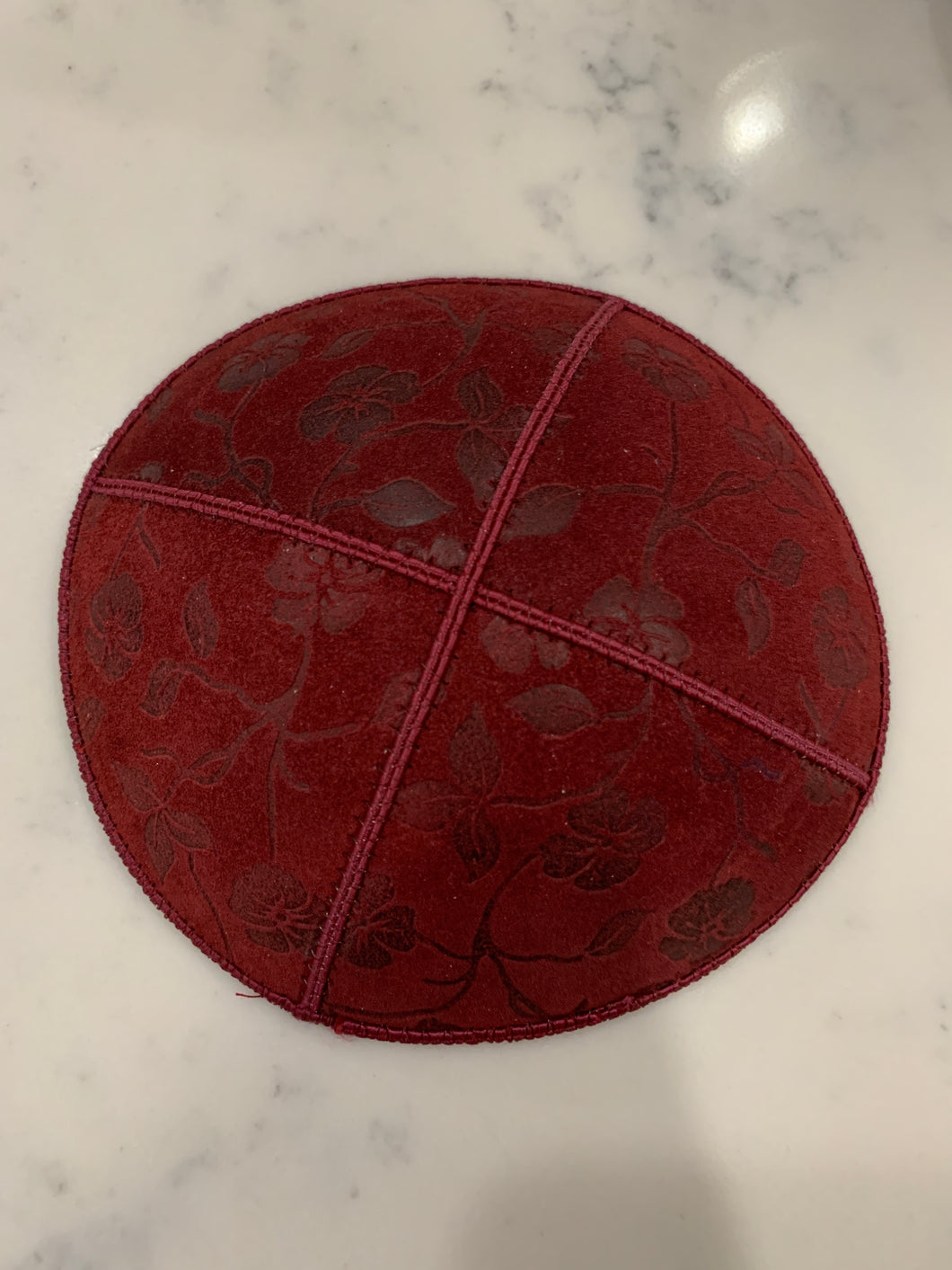 Maroon suede floral Kippah